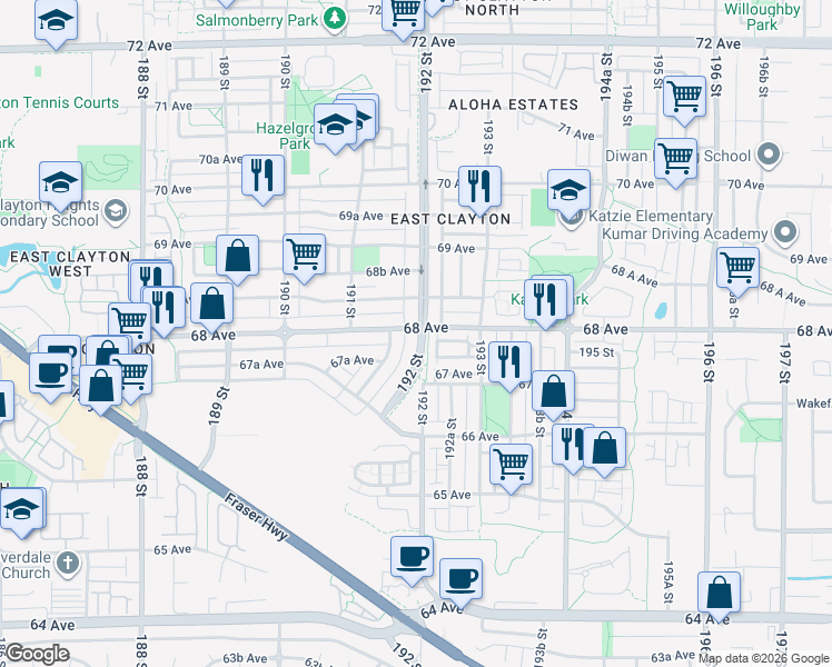 map of restaurants, bars, coffee shops, grocery stores, and more near 6799 192 Street in Surrey