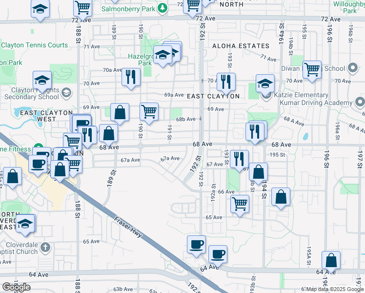 map of restaurants, bars, coffee shops, grocery stores, and more near 19144 68th Avenue in Surrey