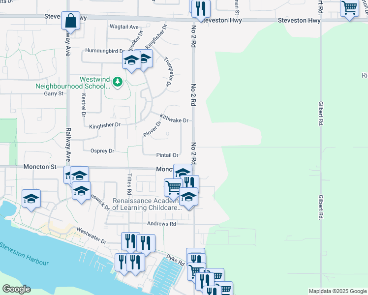 map of restaurants, bars, coffee shops, grocery stores, and more near 11580 Pintail Drive in Richmond