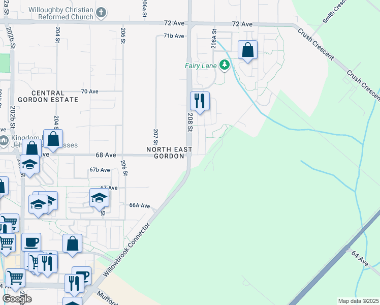 map of restaurants, bars, coffee shops, grocery stores, and more near 6834 208 Street in Langley City