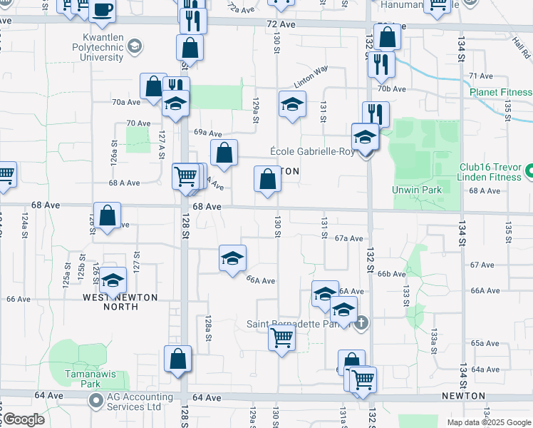 map of restaurants, bars, coffee shops, grocery stores, and more near 12986 68 Avenue in Surrey