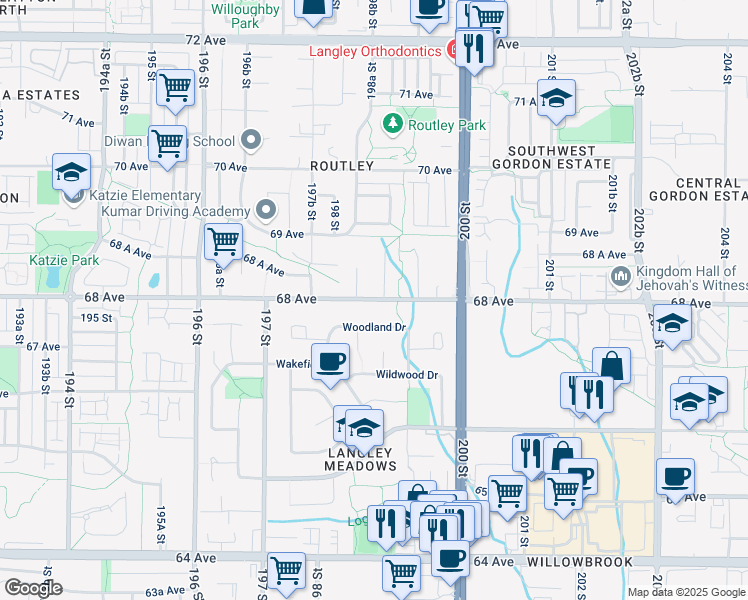 map of restaurants, bars, coffee shops, grocery stores, and more near 19866 68th Avenue in Langley