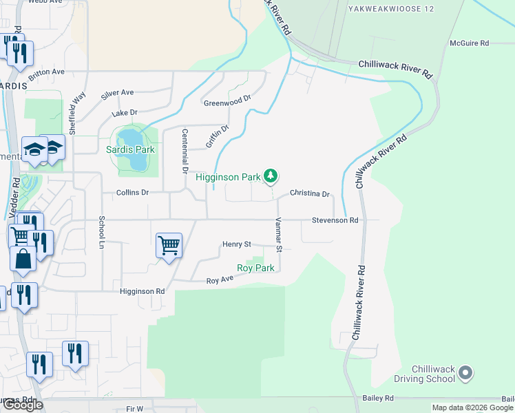 map of restaurants, bars, coffee shops, grocery stores, and more near 46246 Christina Drive in Chilliwack