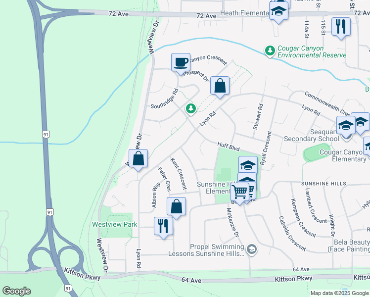 map of restaurants, bars, coffee shops, grocery stores, and more near 6788 Stoney Crescent in Delta