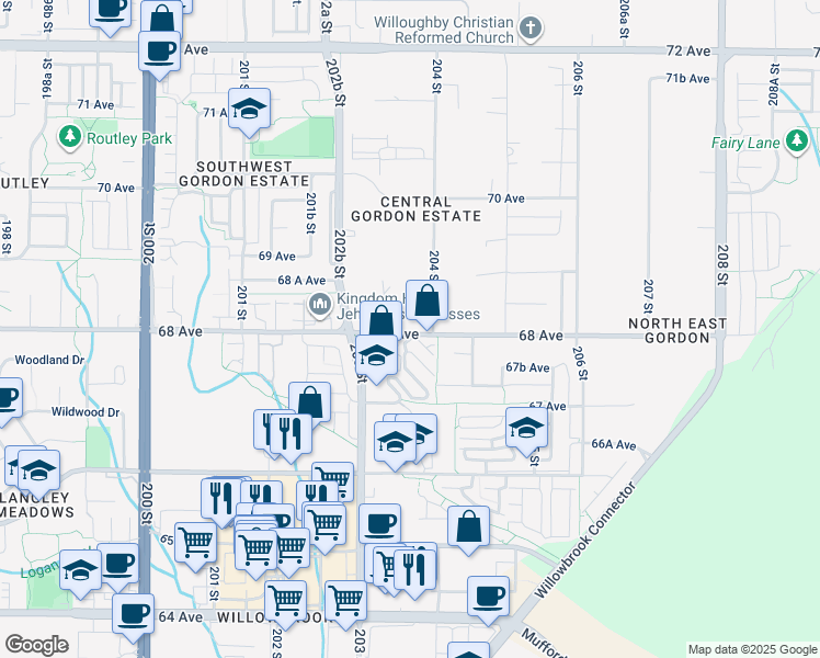 map of restaurants, bars, coffee shops, grocery stores, and more near 6887 204 Street in Langley