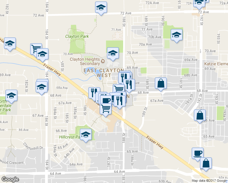 map of restaurants, bars, coffee shops, grocery stores, and more near in Surrey