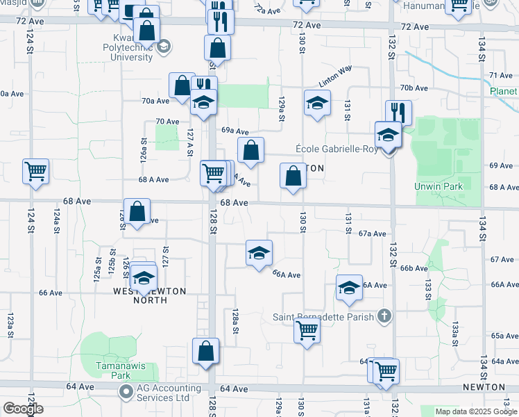 map of restaurants, bars, coffee shops, grocery stores, and more near 12898 68 Avenue in Surrey