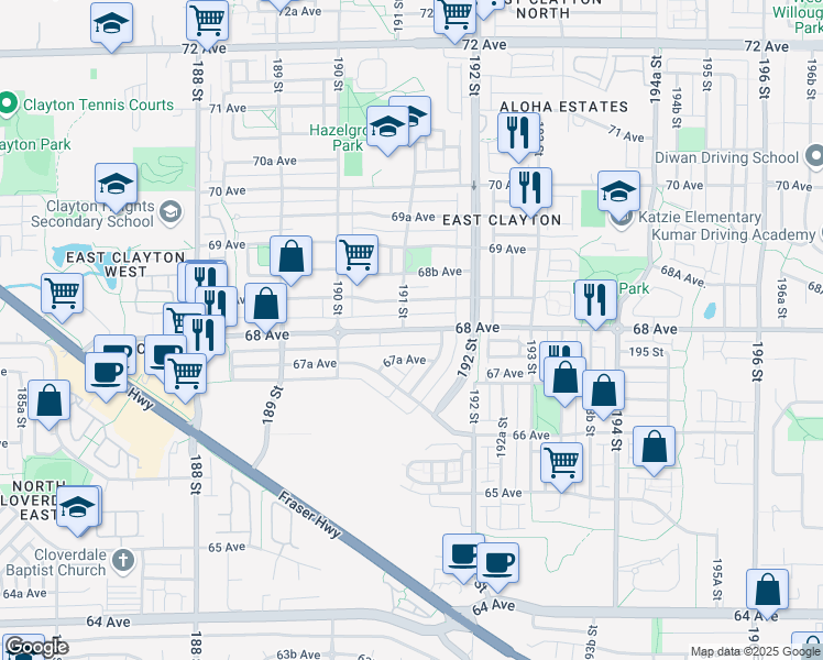 map of restaurants, bars, coffee shops, grocery stores, and more near 19114 68th Avenue in Surrey