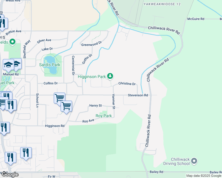 map of restaurants, bars, coffee shops, grocery stores, and more near 46276 Christina Drive in Chilliwack