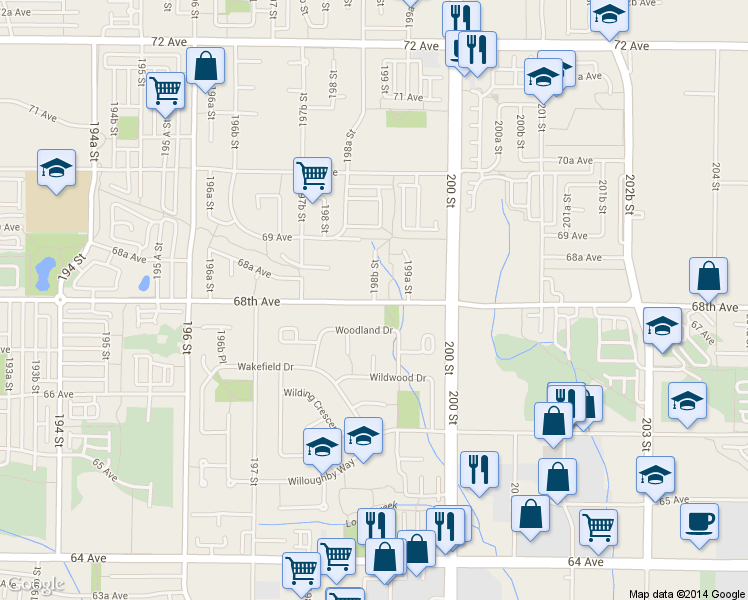 map of restaurants, bars, coffee shops, grocery stores, and more near 6808 198B Street in Langley