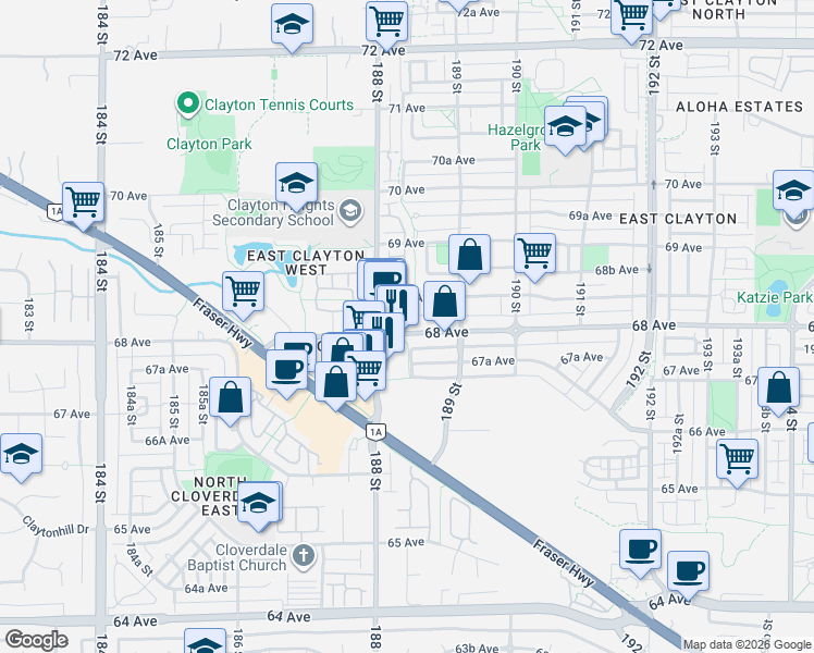 map of restaurants, bars, coffee shops, grocery stores, and more near 18815 68 Avenue in Surrey