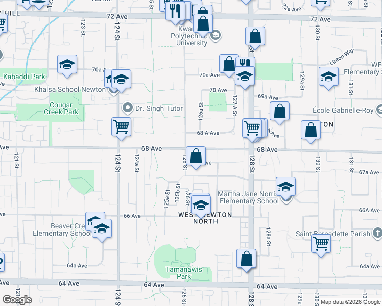 map of restaurants, bars, coffee shops, grocery stores, and more near 12604 68 Avenue in Surrey