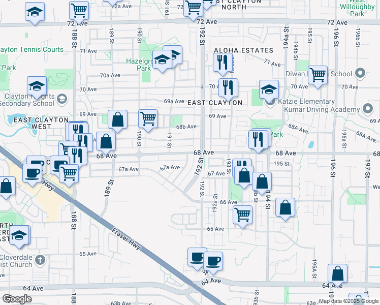 map of restaurants, bars, coffee shops, grocery stores, and more near 19147 68th Avenue in Surrey