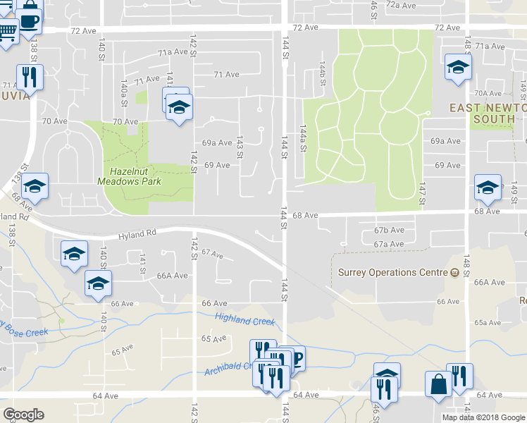 map of restaurants, bars, coffee shops, grocery stores, and more near 14351 68 Avenue in Surrey