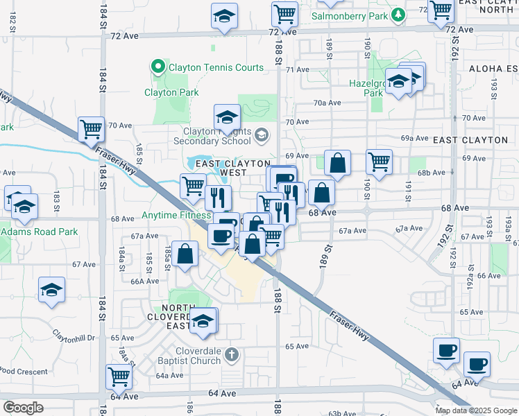 map of restaurants, bars, coffee shops, grocery stores, and more near 18755 68 Avenue in Surrey