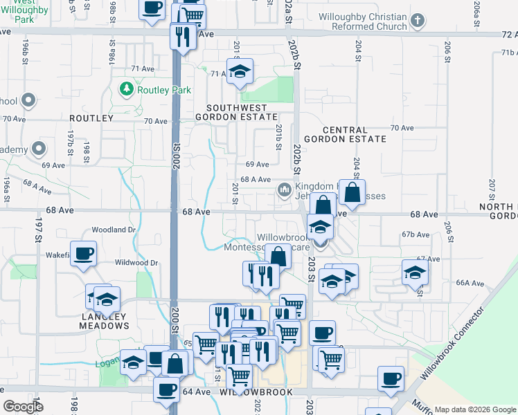 map of restaurants, bars, coffee shops, grocery stores, and more near 20187 68 Avenue in Langley