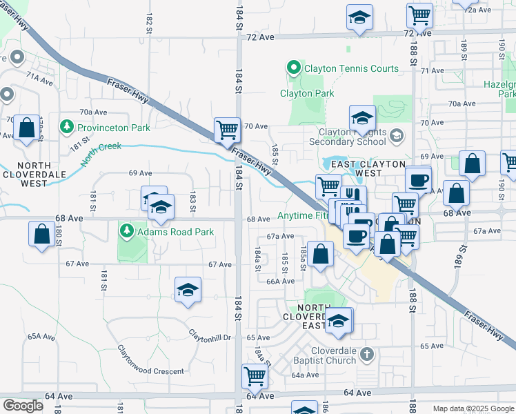 map of restaurants, bars, coffee shops, grocery stores, and more near 18446 68 A Avenue in Surrey