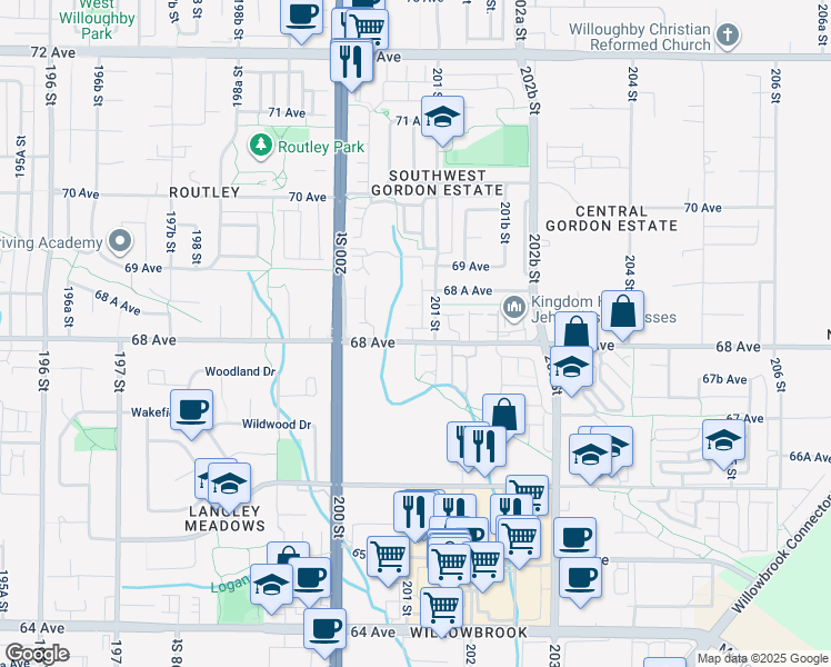 map of restaurants, bars, coffee shops, grocery stores, and more near 20087 68 Avenue in Langley