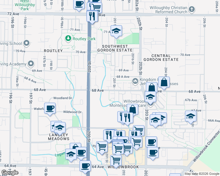 map of restaurants, bars, coffee shops, grocery stores, and more near 20087 68 Avenue in Langley