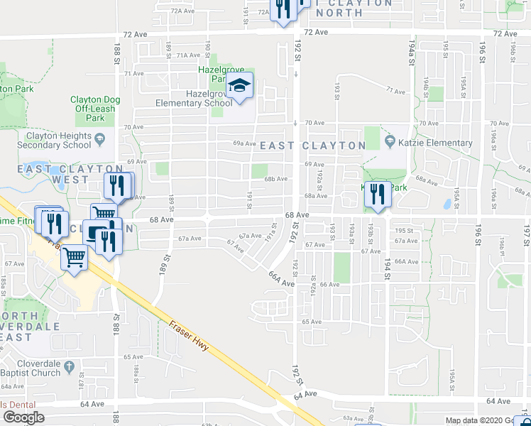 map of restaurants, bars, coffee shops, grocery stores, and more near 19141 68 Avenue in Surrey