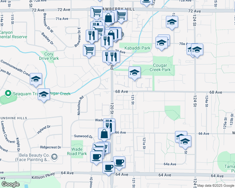 map of restaurants, bars, coffee shops, grocery stores, and more near in Surrey