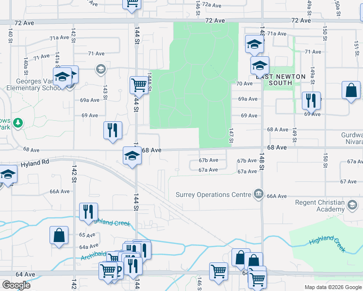 map of restaurants, bars, coffee shops, grocery stores, and more near 14555 68 Avenue in Surrey