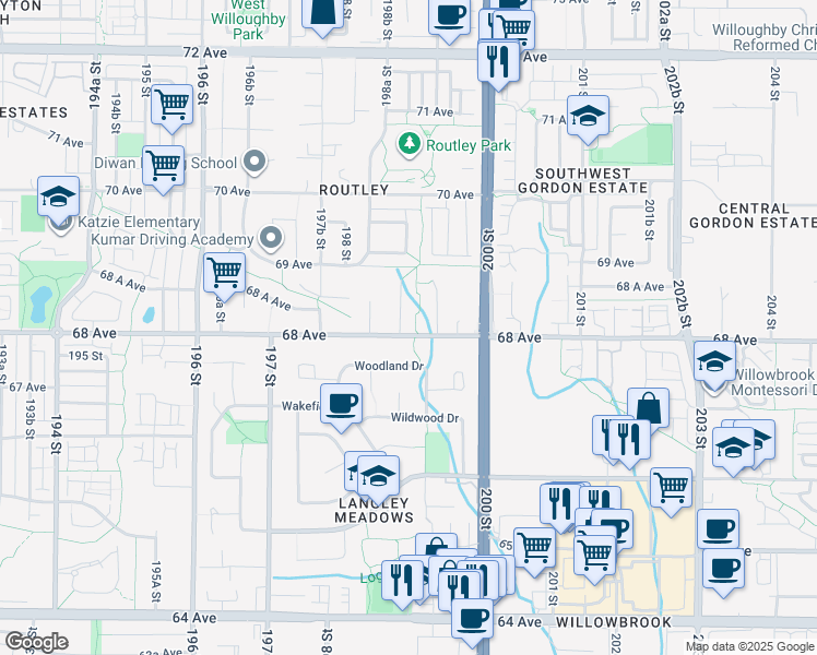 map of restaurants, bars, coffee shops, grocery stores, and more near 6808 198B Street in Langley