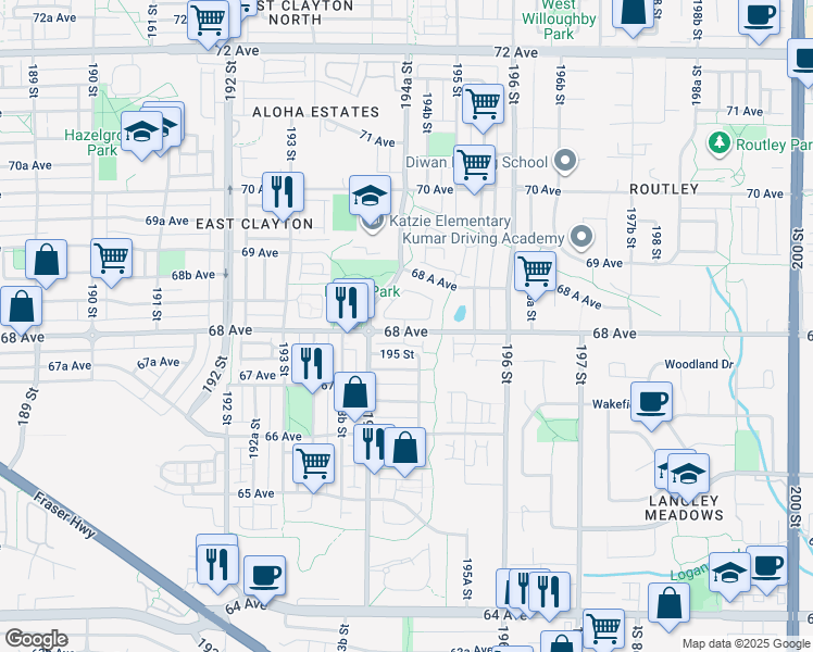 map of restaurants, bars, coffee shops, grocery stores, and more near 139 68 Avenue in Surrey