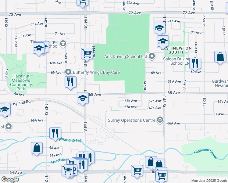 map of restaurants, bars, coffee shops, grocery stores, and more near in Surrey