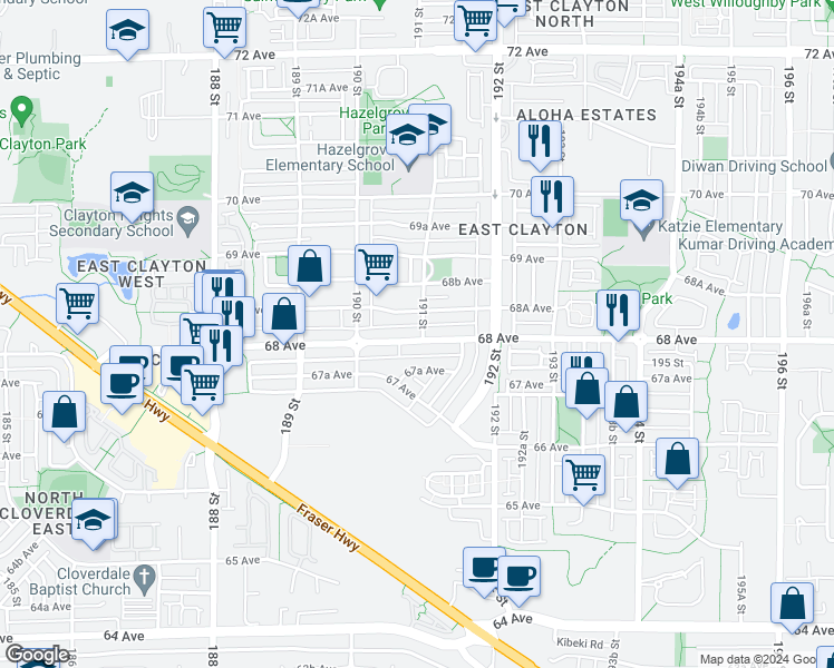 map of restaurants, bars, coffee shops, grocery stores, and more near 19099 68 Avenue in Surrey