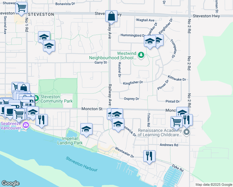 map of restaurants, bars, coffee shops, grocery stores, and more near 5080 Merganser Drive in Richmond