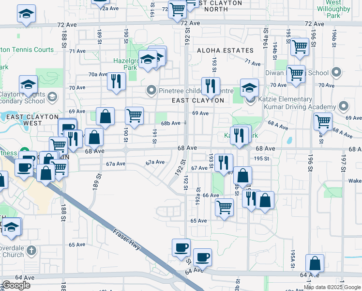 map of restaurants, bars, coffee shops, grocery stores, and more near 6803 192 Street in Surrey