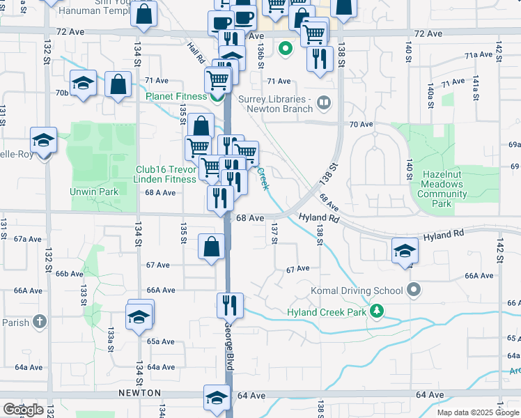 map of restaurants, bars, coffee shops, grocery stores, and more near 13665 68 Avenue in Surrey