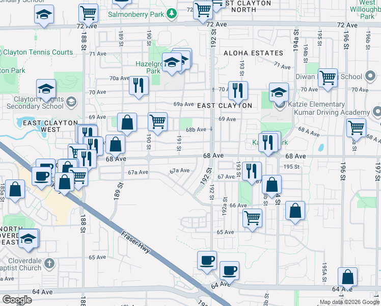 map of restaurants, bars, coffee shops, grocery stores, and more near 19141 68 Avenue in Surrey