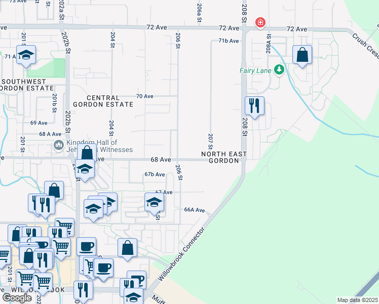map of restaurants, bars, coffee shops, grocery stores, and more near 20645 68 Avenue in Langley