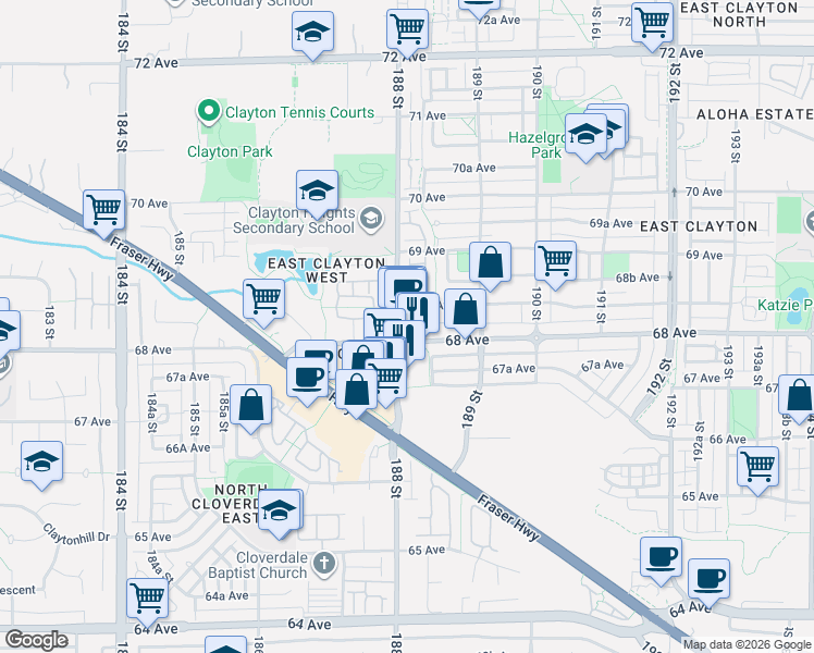 map of restaurants, bars, coffee shops, grocery stores, and more near 6820 188 Street in Surrey