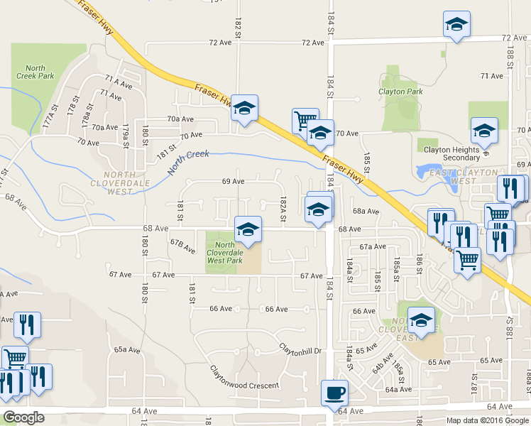 map of restaurants, bars, coffee shops, grocery stores, and more near 18270 68A Avenue in Surrey