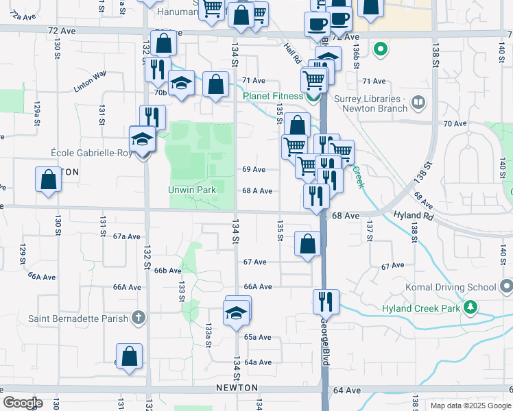 map of restaurants, bars, coffee shops, grocery stores, and more near 13449 68 Avenue in Surrey