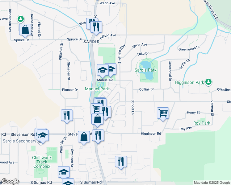 map of restaurants, bars, coffee shops, grocery stores, and more near 45819 Stevenson Road in Chilliwack