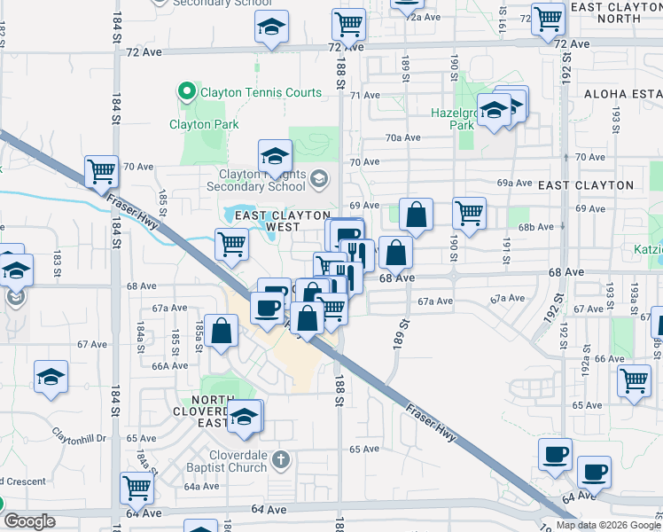 map of restaurants, bars, coffee shops, grocery stores, and more near 6815 188 Street in Surrey