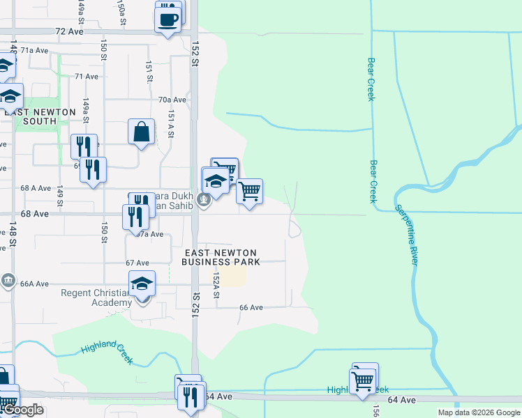 map of restaurants, bars, coffee shops, grocery stores, and more near 15355 68 Avenue in Surrey
