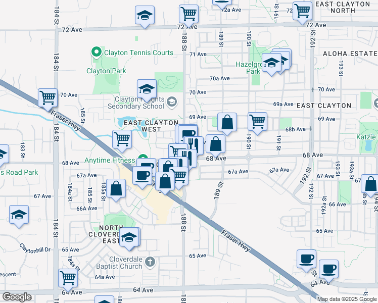 map of restaurants, bars, coffee shops, grocery stores, and more near 6820 188 Street in Surrey