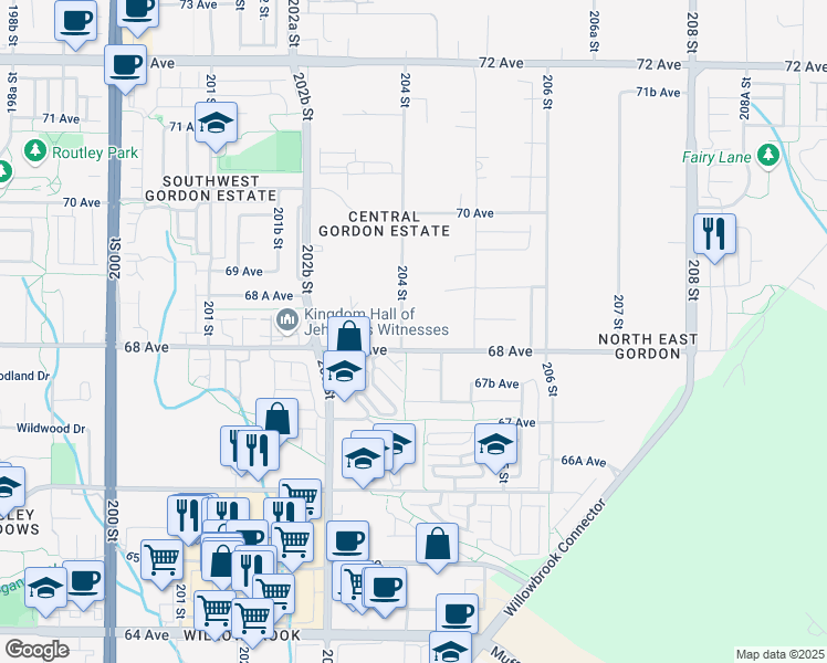 map of restaurants, bars, coffee shops, grocery stores, and more near 5294 204 Street in Langley Township