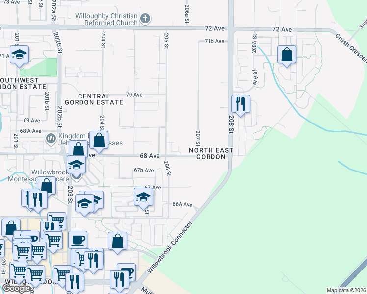 map of restaurants, bars, coffee shops, grocery stores, and more near 20657 68 Avenue in Langley