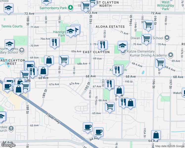 map of restaurants, bars, coffee shops, grocery stores, and more near 6814 192 Street in Surrey