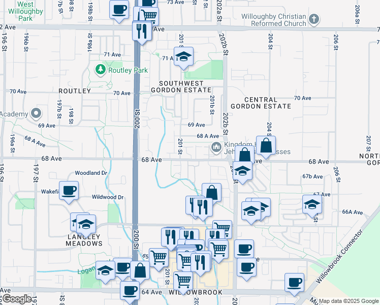 map of restaurants, bars, coffee shops, grocery stores, and more near 20159 68 Avenue in Langley