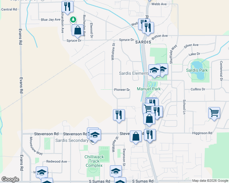 map of restaurants, bars, coffee shops, grocery stores, and more near 6858 Wiltshire Street in Chilliwack