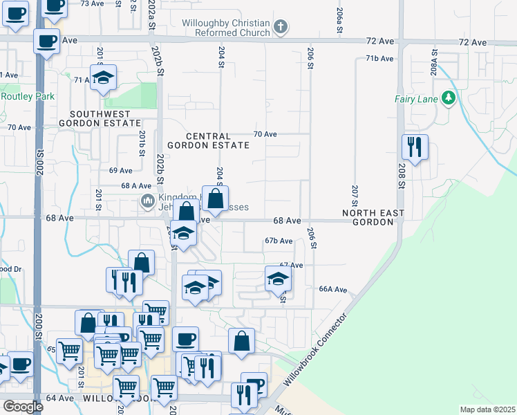 map of restaurants, bars, coffee shops, grocery stores, and more near 6821 205 Street in Langley Township