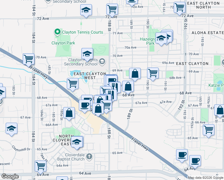 map of restaurants, bars, coffee shops, grocery stores, and more near 121-6820 188 Street in Surrey