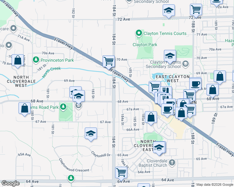 map of restaurants, bars, coffee shops, grocery stores, and more near 6842 184 Street in Surrey